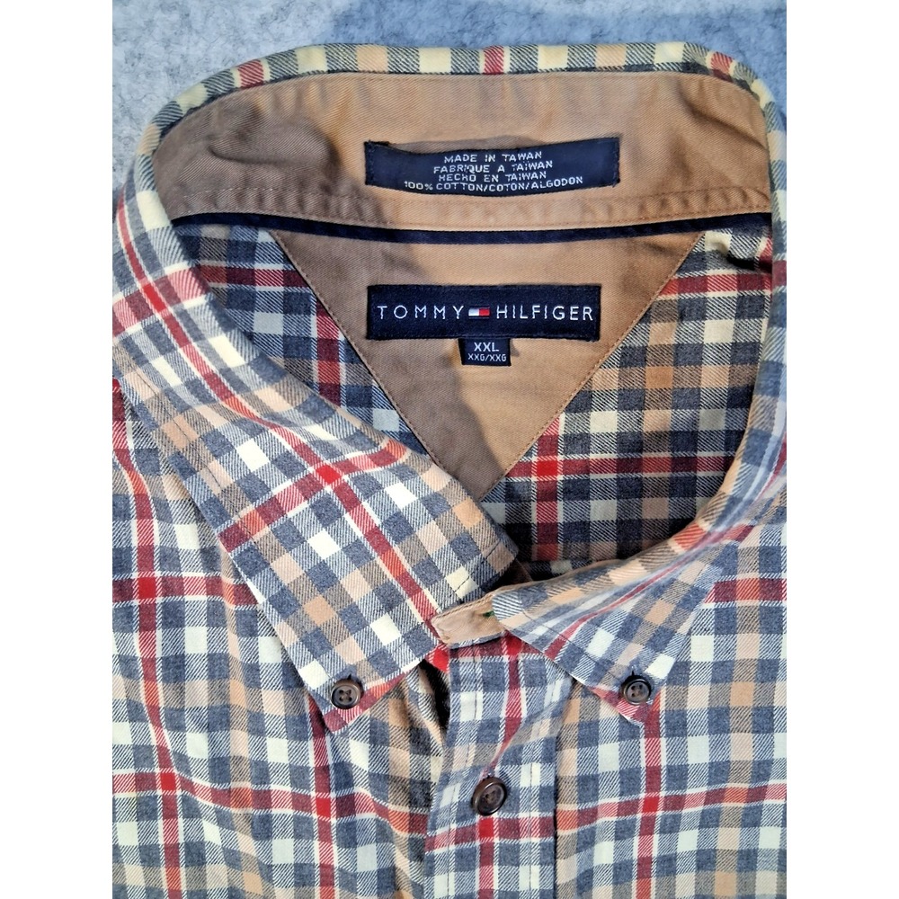 Tommy Hilfiger Men's XXL Long Sleeve Cotton Button Down Plaid Flag Logo Classic